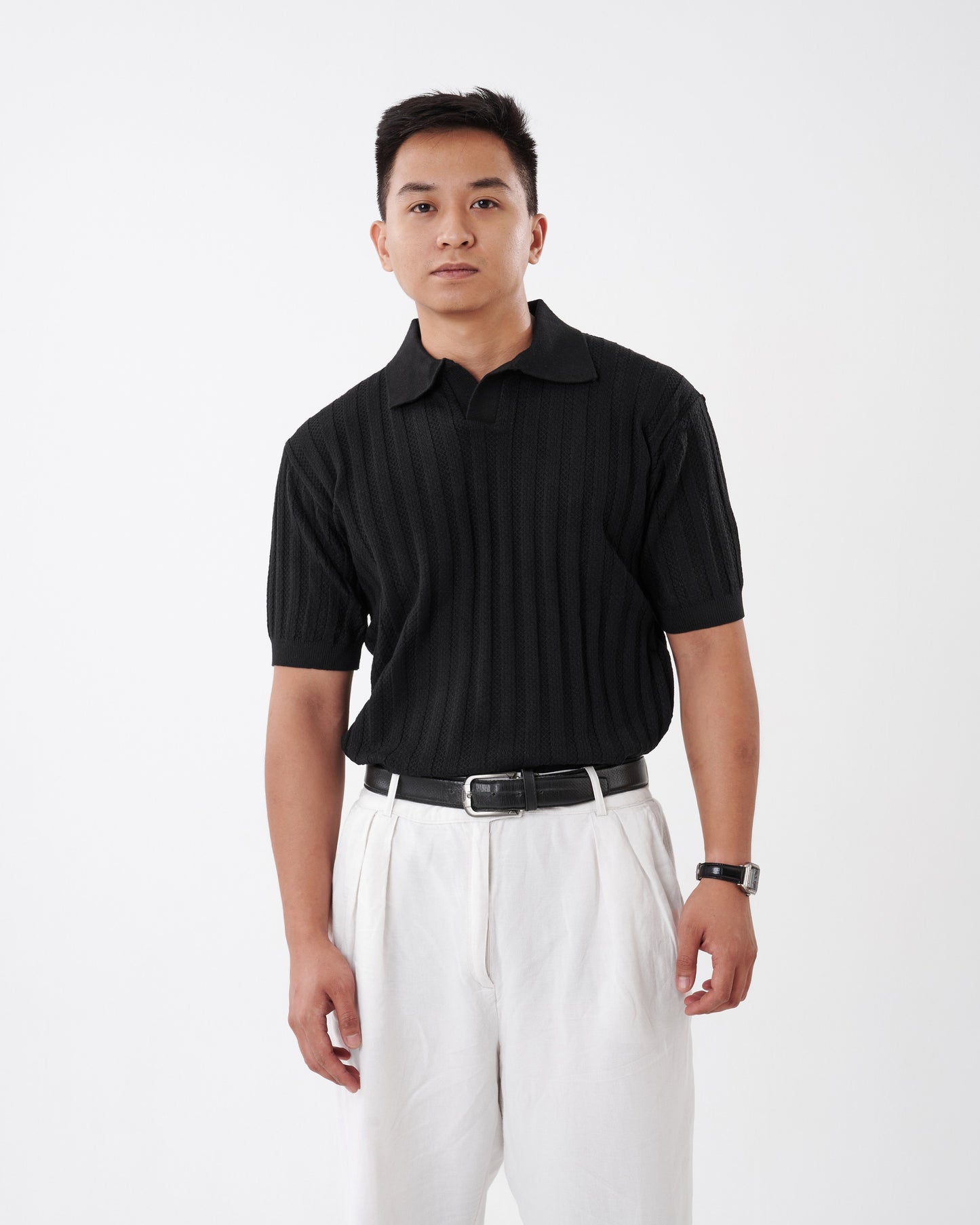 NÓR Ribbed Knit Polo — Black