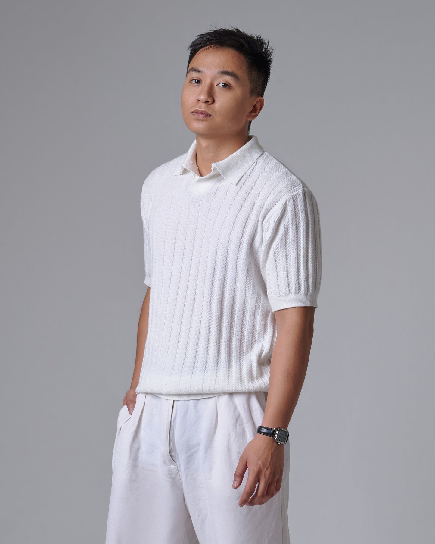 NÓR Ribbed Knit Polo — White