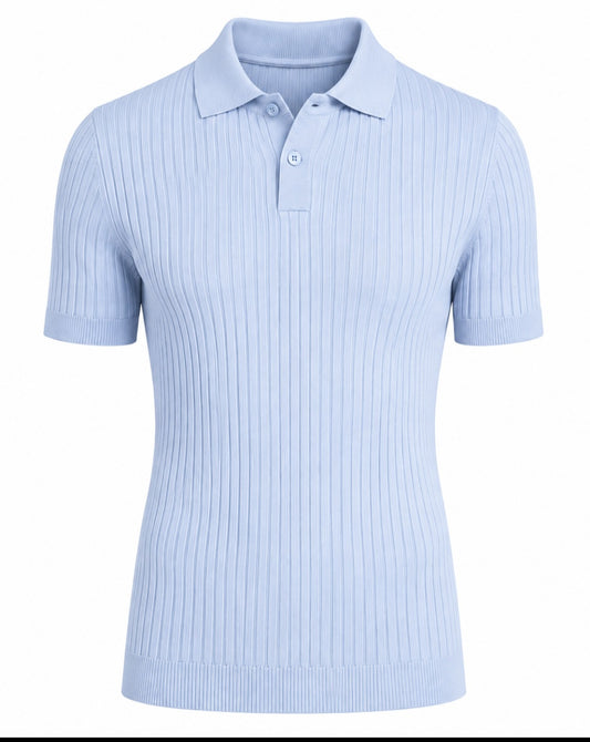 NÓR Ribbed Knit Polo – Sky Blue
